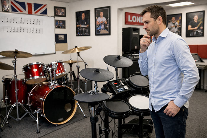Man-thinking-between-acoustic and electric drum in London music school